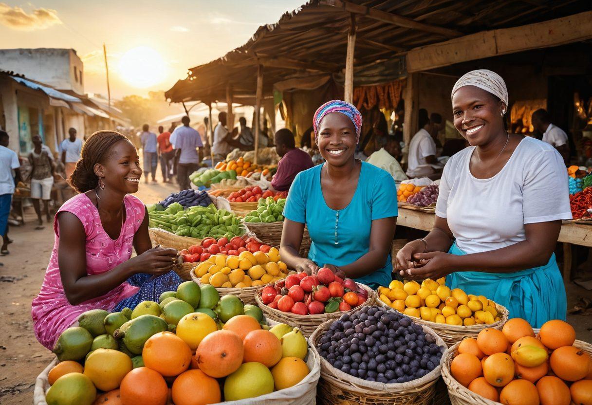 A colorful market scene in Haiti showcasing local vendors selling fresh fruits, vibrant textiles, and handicrafts, with smiling people interacting and sharing stories. An uplifting sunrise in the background symbolizes hope and community. The image should evoke a sense of warmth, joy, and cultural richness. vibrant colors. hyper-realistic.