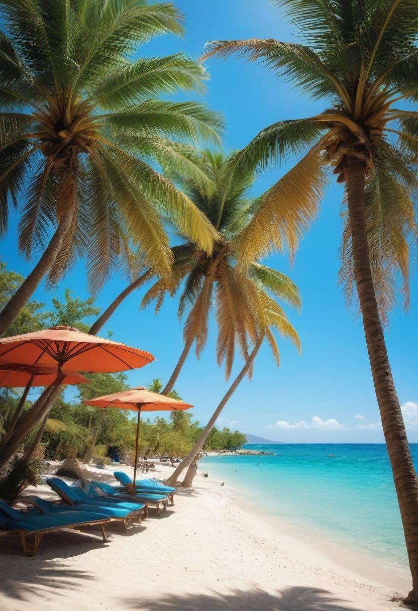 A serene beach scene in Haiti, showcasing turquoise waters gently lapping against golden sands, dotted with colorful beach umbrellas. In the foreground, a group of locals dancing joyfully, embodying the vibrant culture and warmth of the island. Palm trees sway in a soft breeze under a clear blue sky, with traditional Haitian dishes displayed nearby. The image should evoke a sense of happiness and tranquility, inviting viewers to explore Haiti's lifestyle. super-realistic. vibrant colors. dreamy atmosphere.