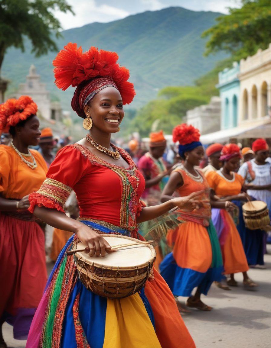 A vibrant montage of Haitian culture, featuring lively street festivals with colorful costumes, musicians playing traditional instruments, and local artisans showcasing their crafts. In the background, a picturesque view of Haiti's lush landscapes and historic architecture surrounds the scene, allowing viewers to feel the joy and warmth of the culture. Bright, joyful colors enhance the overall atmosphere, inviting engagement and exploration. super-realistic. vibrant colors. dynamic composition.